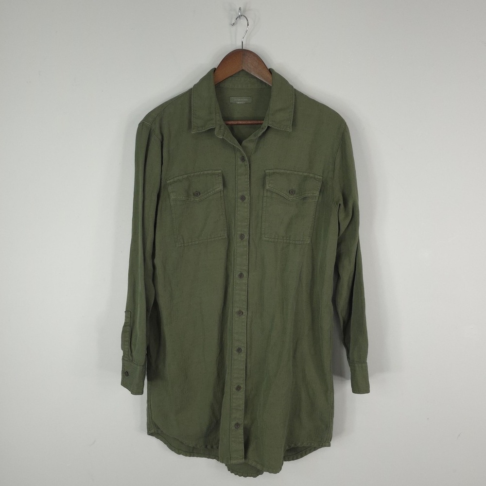 Outerknown Shirt Dress Womens Medium Green Linen Cotton Herringbone Long Sleeve